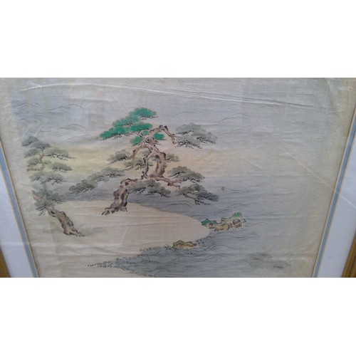 548 - Large framed scroll painting of a landscape, depicting two ancient pine trees growing beside water w... 