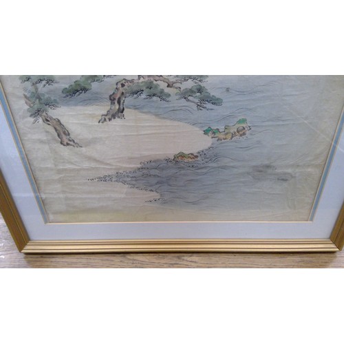 548 - Large framed scroll painting of a landscape, depicting two ancient pine trees growing beside water w... 