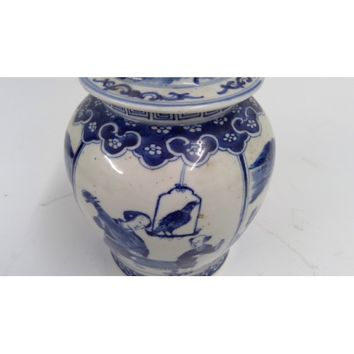 565 - 19th century Chinese blue and white jar and cover, the domed lid with teardrop finial, decorated wit... 