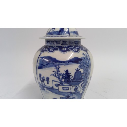 565 - 19th century Chinese blue and white jar and cover, the domed lid with teardrop finial, decorated wit... 