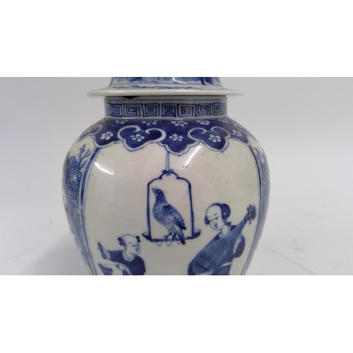 565 - 19th century Chinese blue and white jar and cover, the domed lid with teardrop finial, decorated wit... 