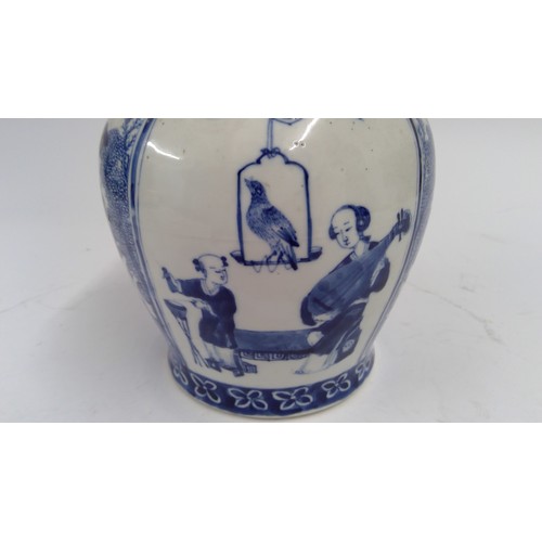 565 - 19th century Chinese blue and white jar and cover, the domed lid with teardrop finial, decorated wit... 