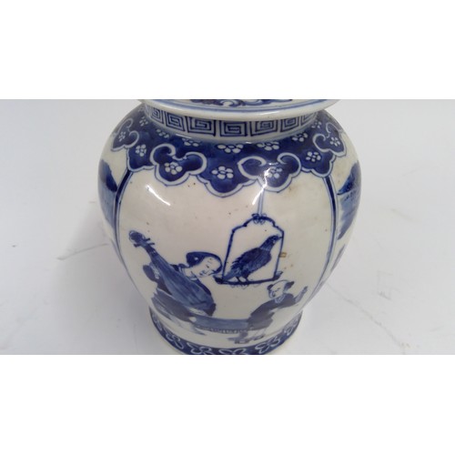 565 - 19th century Chinese blue and white jar and cover, the domed lid with teardrop finial, decorated wit... 