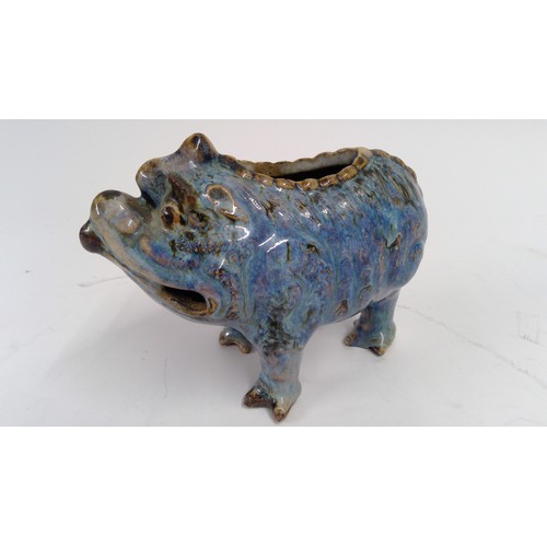 583 - Blue purple flambé glazed stoneware model of Lui Hai’s three-legged toad with moulded and incised de... 