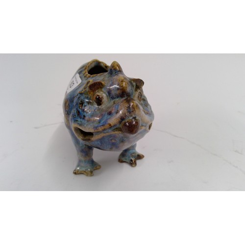 583 - Blue purple flambé glazed stoneware model of Lui Hai’s three-legged toad with moulded and incised de... 