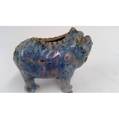 583 - Blue purple flambé glazed stoneware model of Lui Hai’s three-legged toad with moulded and incised de... 