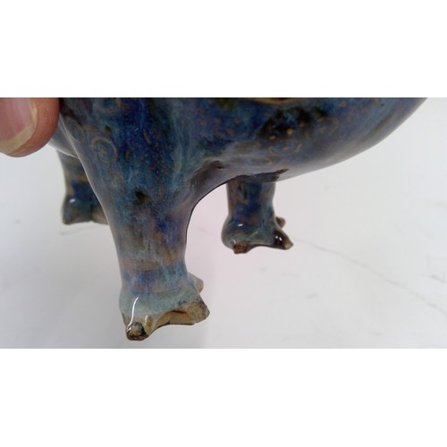 583 - Blue purple flambé glazed stoneware model of Lui Hai’s three-legged toad with moulded and incised de... 