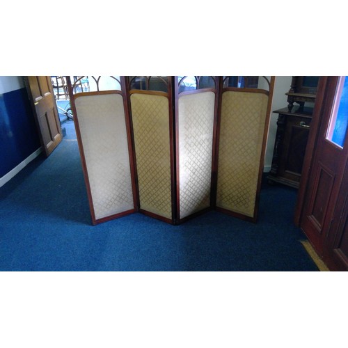 635 - Mahogany folding dressing screen, the four panels with shaped arch tops and glazed sections, H178cm.