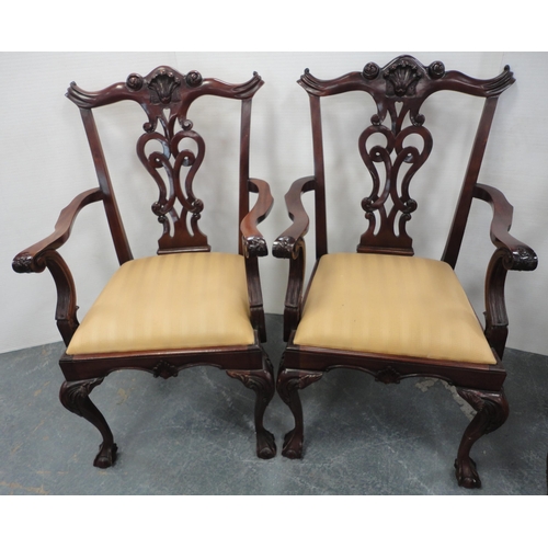 65 - Set of six Chippendale-style mahogany elbow chairs with acanthus decoration and slip-in seats, on ba... 