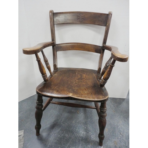 74 - Pair of ash and beech farmhouse oak elbow chairs, 94cm high.  (2)