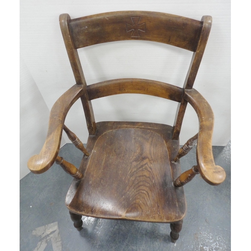 74 - Pair of ash and beech farmhouse oak elbow chairs, 94cm high.  (2)