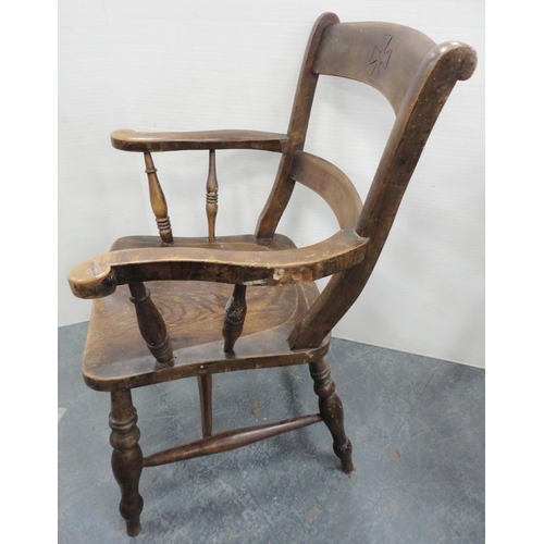 74 - Pair of ash and beech farmhouse oak elbow chairs, 94cm high.  (2)