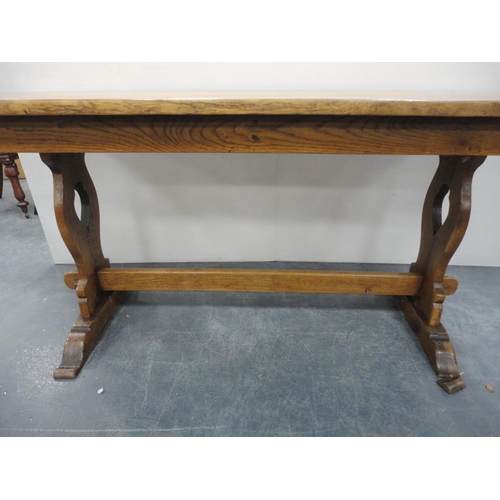 75 - 17th century-style oak trestle table with plank top and beam understretcher, 74cm high, 167cm long a... 