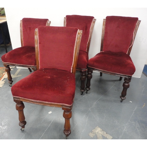 76 - Set of four Victorian mahogany dining chairs of graduated sizes, upholstered in later red velour, on... 