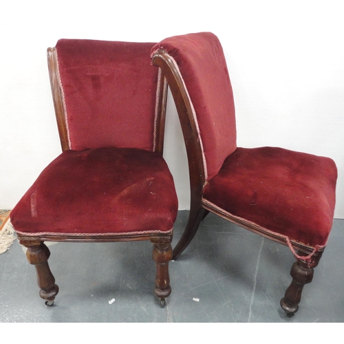 76 - Set of four Victorian mahogany dining chairs of graduated sizes, upholstered in later red velour, on... 