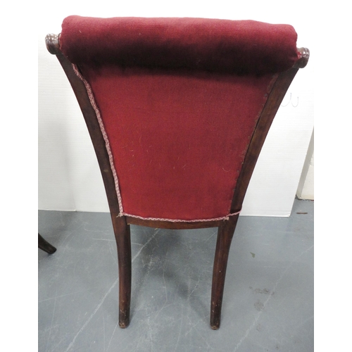 76 - Set of four Victorian mahogany dining chairs of graduated sizes, upholstered in later red velour, on... 