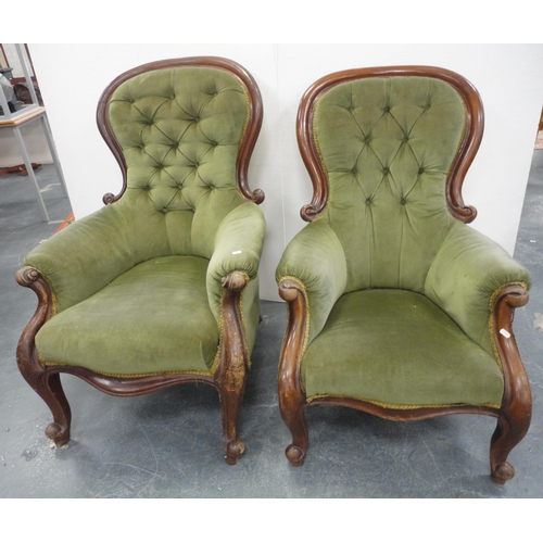 78 - Pair of Victorian mahogany framed button-back armchairs, upholstered in later green Dralon, 101cm hi... 