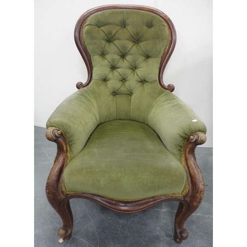 78 - Pair of Victorian mahogany framed button-back armchairs, upholstered in later green Dralon, 101cm hi... 