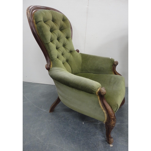 78 - Pair of Victorian mahogany framed button-back armchairs, upholstered in later green Dralon, 101cm hi... 