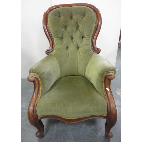 78 - Pair of Victorian mahogany framed button-back armchairs, upholstered in later green Dralon, 101cm hi... 