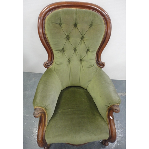 78 - Pair of Victorian mahogany framed button-back armchairs, upholstered in later green Dralon, 101cm hi... 