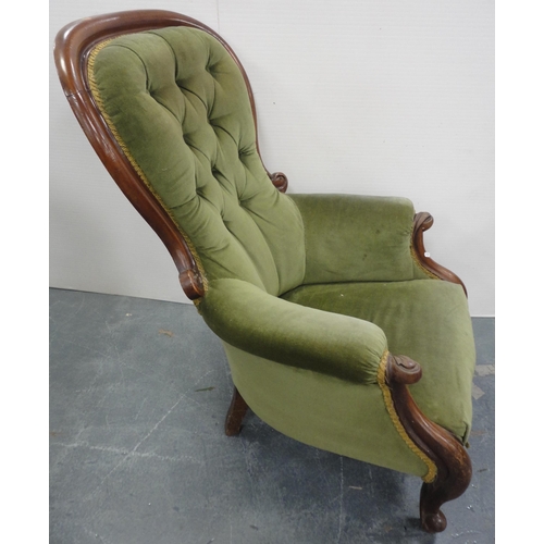 78 - Pair of Victorian mahogany framed button-back armchairs, upholstered in later green Dralon, 101cm hi... 