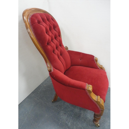 80 - Victorian mahogany framed button-back armchair, upholstered in later red Dralon, on later brass cast... 