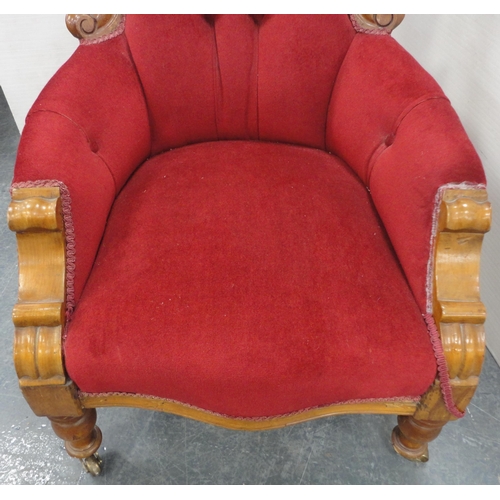 80 - Victorian mahogany framed button-back armchair, upholstered in later red Dralon, on later brass cast... 