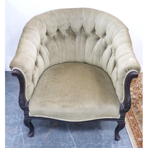 82 - Edwardian ebonised bow-back drawing room armchair, upholstered in later green Dralon, 72cm high.