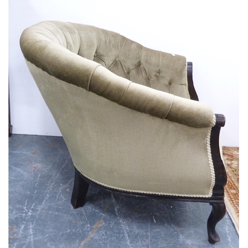 82 - Edwardian ebonised bow-back drawing room armchair, upholstered in later green Dralon, 72cm high.