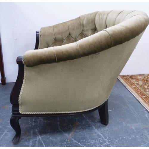 82 - Edwardian ebonised bow-back drawing room armchair, upholstered in later green Dralon, 72cm high.