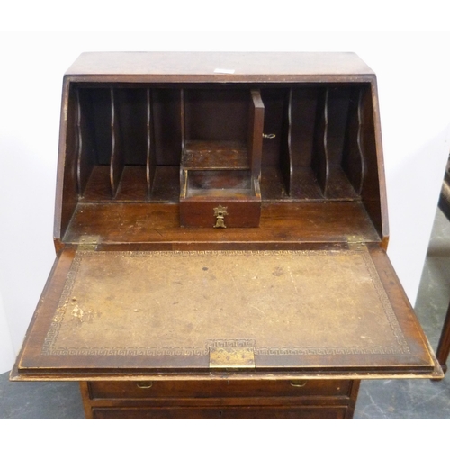 84 - Lady's burr walnut bureau with fall front enclosing fitted drawer, cupboard and pigeonholes above fo... 