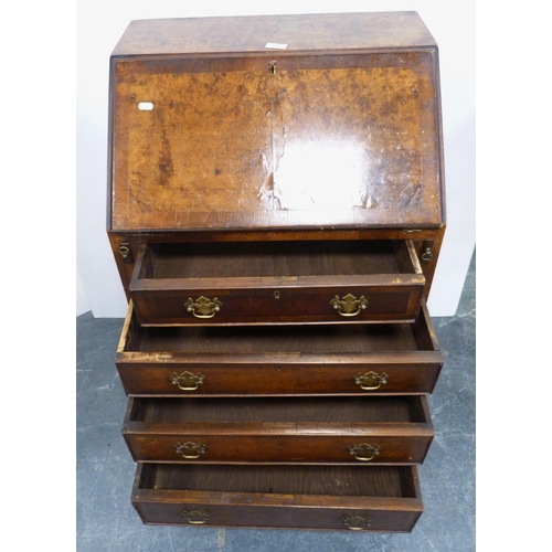 84 - Lady's burr walnut bureau with fall front enclosing fitted drawer, cupboard and pigeonholes above fo... 