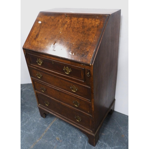 84 - Lady's burr walnut bureau with fall front enclosing fitted drawer, cupboard and pigeonholes above fo... 