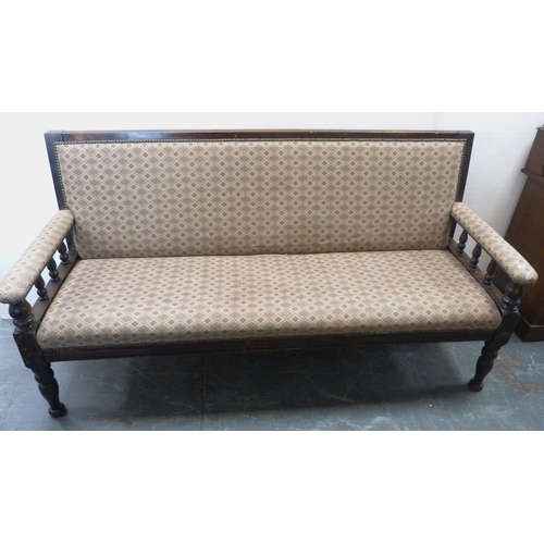 89 - Late 19th century stained wood parlour or hall sofa, with later upholstery, on turned and block supp... 