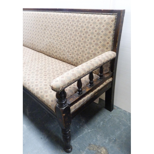 89 - Late 19th century stained wood parlour or hall sofa, with later upholstery, on turned and block supp... 