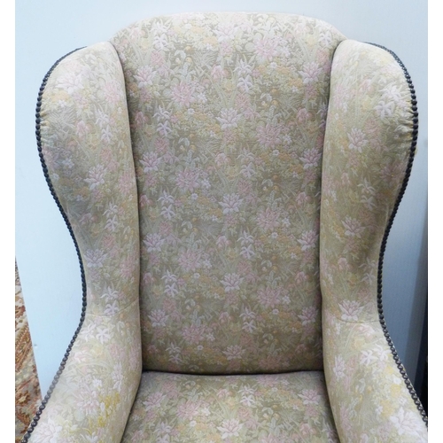 90 - William & Mary-style wing back armchair, c. early 20th century, upholstered in later studded flo... 