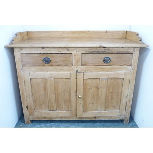 93 - Victorian Scotch pine dresser with three-quarter galleried top above two short drawers and two cupbo... 