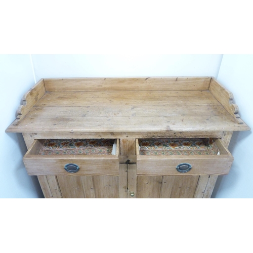 93 - Victorian Scotch pine dresser with three-quarter galleried top above two short drawers and two cupbo... 