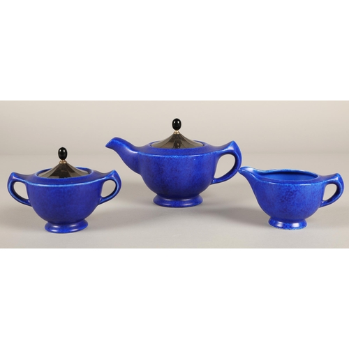 29 - Chameleon Ware Clews Co Tunstall three piece blue teaset with silvered lids.