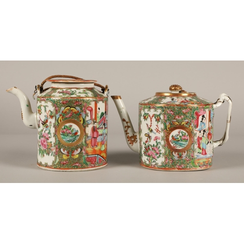 32 - Two 19th Century Chinese Canton Famille Rose medallion Teapots decorated with figures and wildlife, ... 