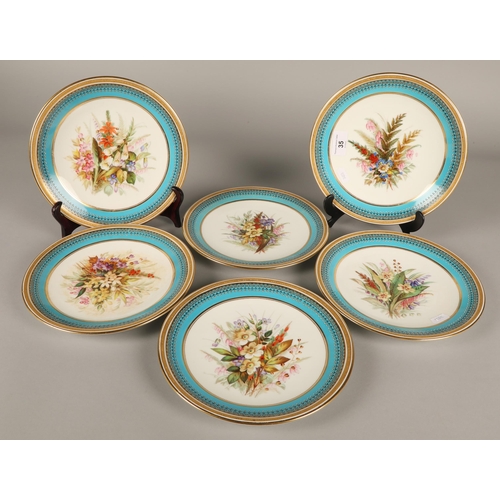 35 - Royal Worcester set of six hand painted dessert plates each with central flowers within turquoise bo... 