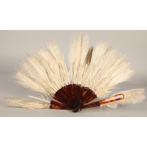 45 - Simulated tortoise shell Ostrich feather fan and two thermometers.