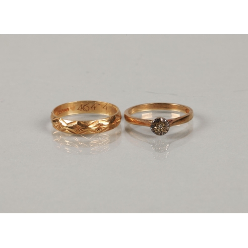 64 - 9ct gold band ring size P, and a 9ct gold ring set with a solitaire diamond in illusion setting ring... 