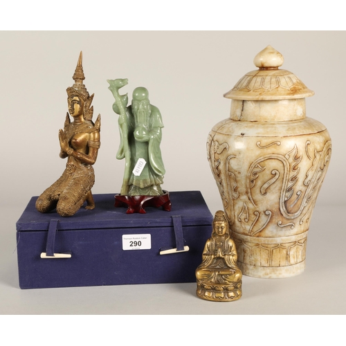 290 - Carved hardstone oriental figure of a Sage, soap stone baluster vase and cover and two brass eastern... 