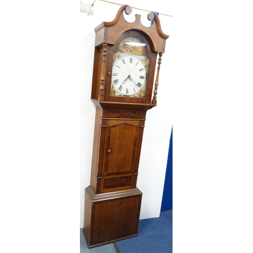 107 - Early 19th century oak and mahogany banded eight day longcase clock, named to W Palmer of Langholm, ... 