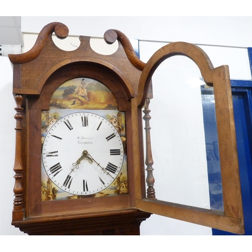 107 - Early 19th century oak and mahogany banded eight day longcase clock, named to W Palmer of Langholm, ... 