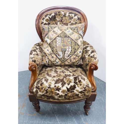 115 - Victorian mahogany-framed armchair, upholstered in later button-back floral stuff-over fabric, scrol... 