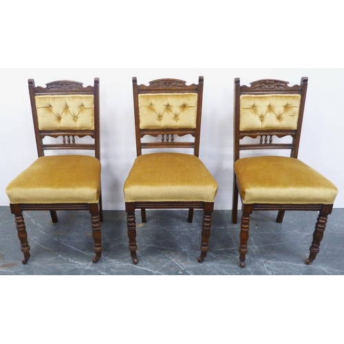 117 - Three matching mahogany dining chairs, c. early 20th century, upholstered in later mustard stuff-ove... 