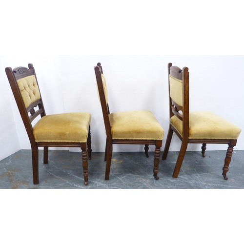 117 - Three matching mahogany dining chairs, c. early 20th century, upholstered in later mustard stuff-ove... 